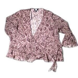 Studio 1940 Womens Purple Floral Blouse Large Short Sleeve Tunic Top Shirt Open